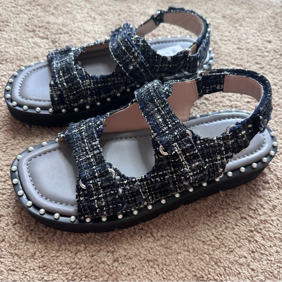 NEW Stuart Weitzman Zoe Lift Sandals Sz 40 Metallic Tweed Pearl Dad Sandal - Picture 5 of 13